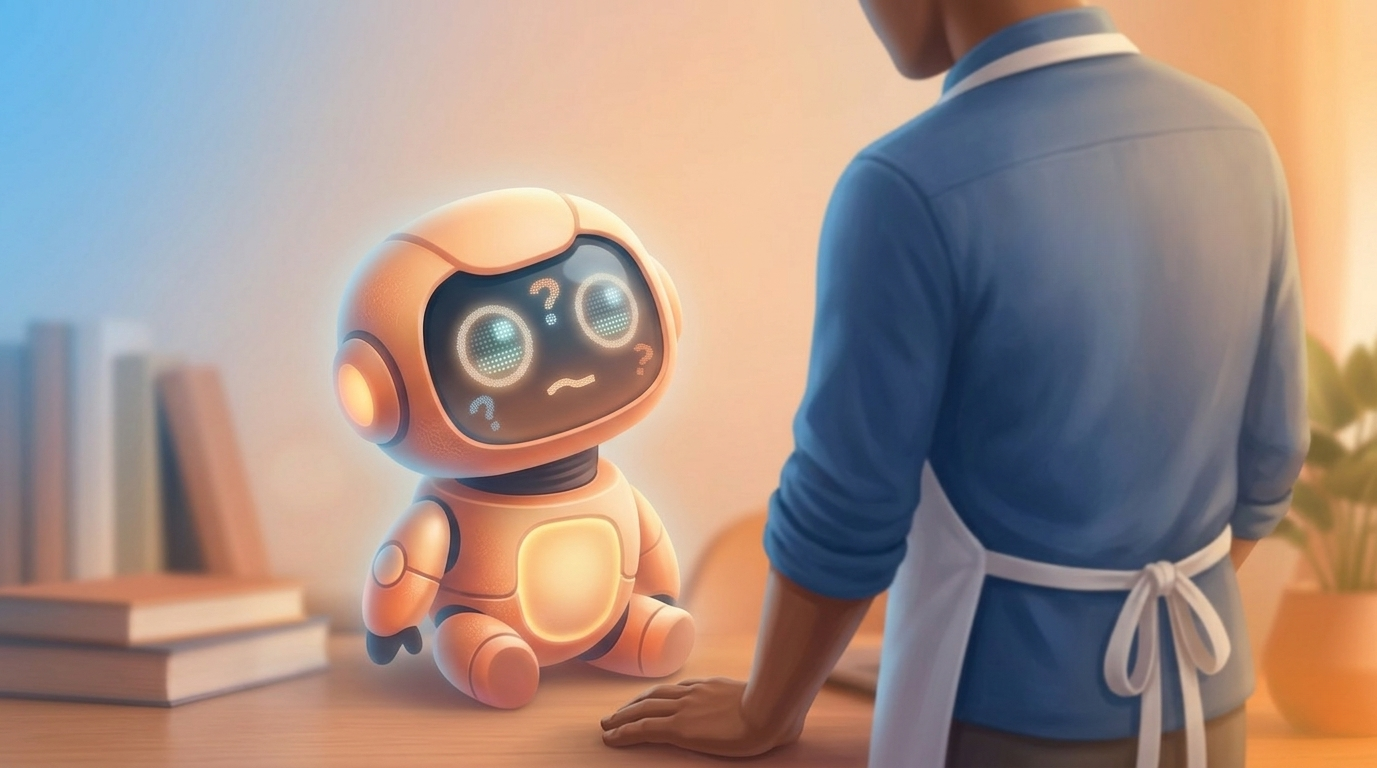 The LLM robot looks adorably confused, not recognizing its prompter.