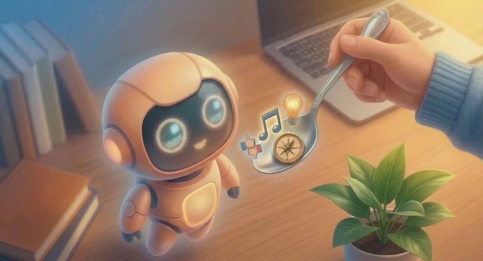 Someone is feeding the robot LLM a spoonful of thumbs up icons, lightbulbs, music, and a compass. The LLM looks excited!