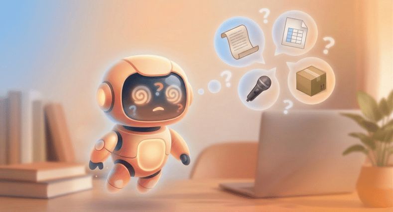 The LLM robot looks dizzy and confused, with images of spreadsheets, text, and sound all spinning around it.